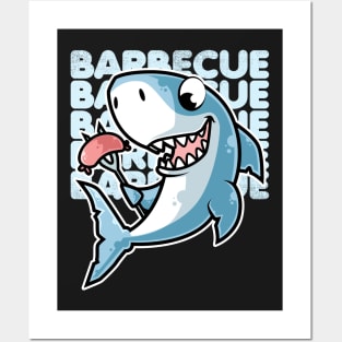 Shark Cooking Sausages Barbecue BBQ print Posters and Art